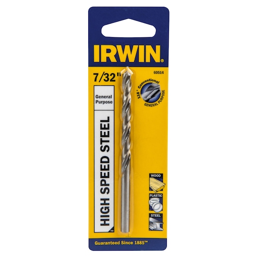 IRWIN 60514 high speed steel drill bit, 7/32 inch, general purpose, front packaging photo on white background.