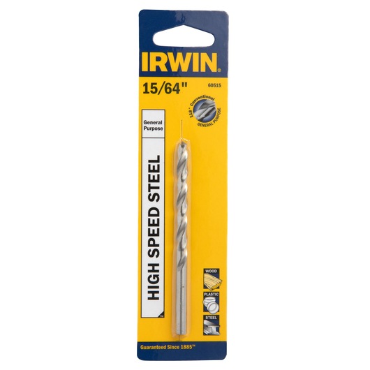IRWIN 60515 high speed steel drill bit in retail packaging, 15/64 inch size, front angle on white background.