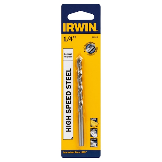 IRWIN 60516 high speed steel 1/4 inch drill bit in retail packaging, front angle, for wood, plastic, and steel.