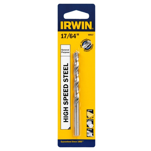 IRWIN 60517 high speed steel drill bit 17/64 inch in retail packaging, front angle, yellow and blue card.