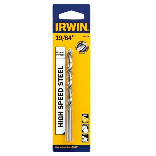 IRWIN 60519 high speed steel drill bit, 19/64 inch, front angle, in retail packaging.