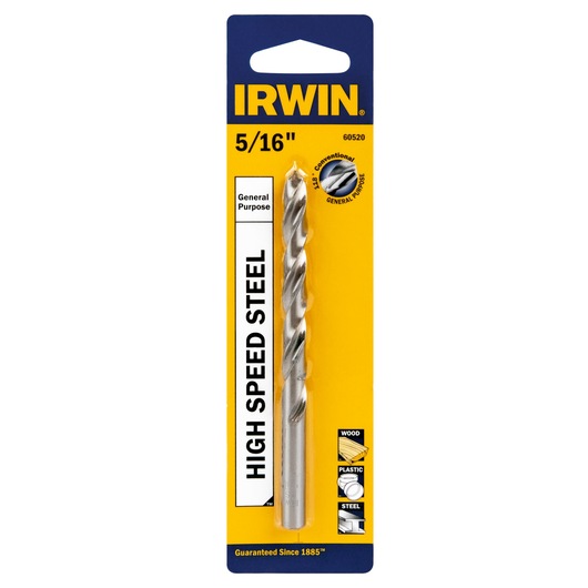 IRWIN 60520 high speed steel drill bit, 5/16 inch, general purpose, straight-on photo with white background.