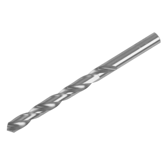 IRWIN 60521 metal twist drill bit, silver, photography, side angle on white background.