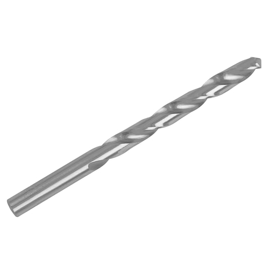 IRWIN 60521 metal twist drill bit, silver, side angle on white background.