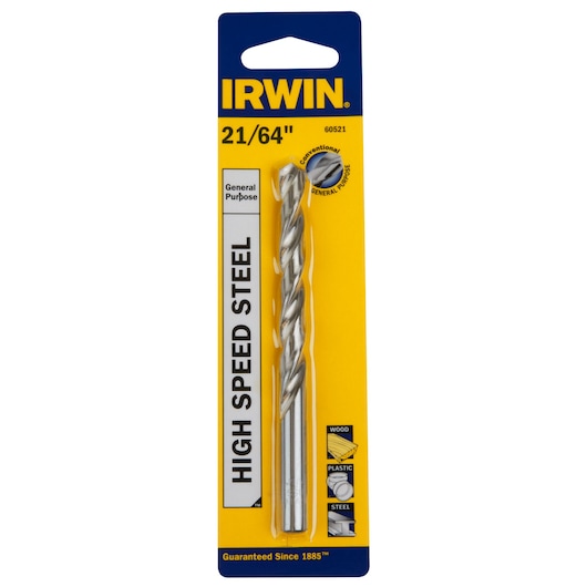 IRWIN 60521 high speed steel drill bit for general purpose, 21/64 inch size, front view on white background.