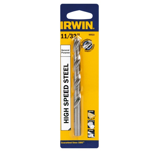 IRWIN 60522 high speed steel drill bit, 11/32 inch, in retail packaging, front angle on white background.