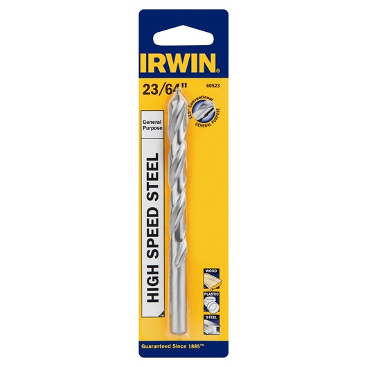 IRWIN 60523 high speed steel drill bit, 23/64 inch, in yellow and blue packaging, front angle.