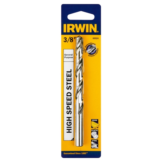 IRWIN 60524 high speed steel drill bit, 3/8 inch, general purpose, in retail packaging, front view.
