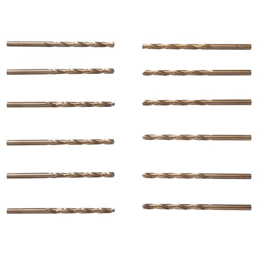 IRWIN 63111 set of ten gold metal drill bits, side view, arranged in two columns on white background.