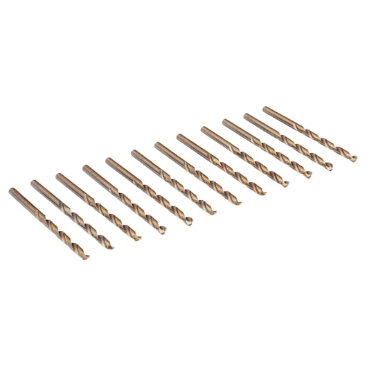 IRWIN 63111 drill bit set, 13-piece, gold color, arranged in a row, angled view on white background.