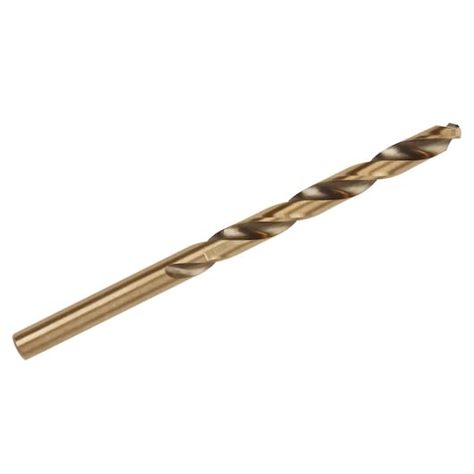 IRWIN 63116 gold metal twist drill bit, side angle, photography of single drill bit on white background.