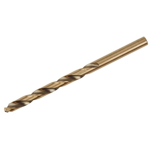 IRWIN 63116 gold metal drill bit, side angle, spiral fluted shaft, white background.
