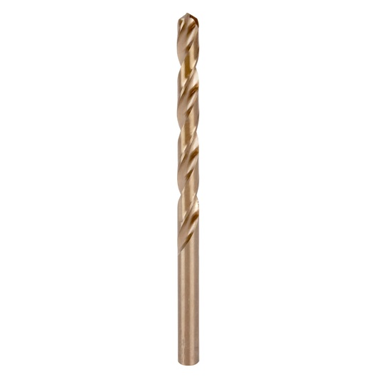 IRWIN 63117 gold metal drill bit, straight-on angle, spiral fluted shaft, photo on white background.