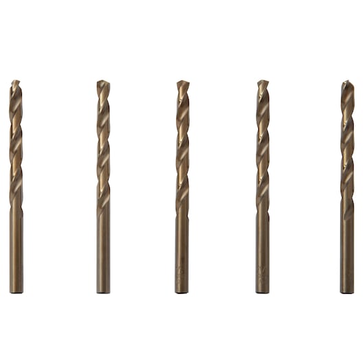 IRWIN 63118 set of five metal twist drill bits, straight shank, front view on white background.