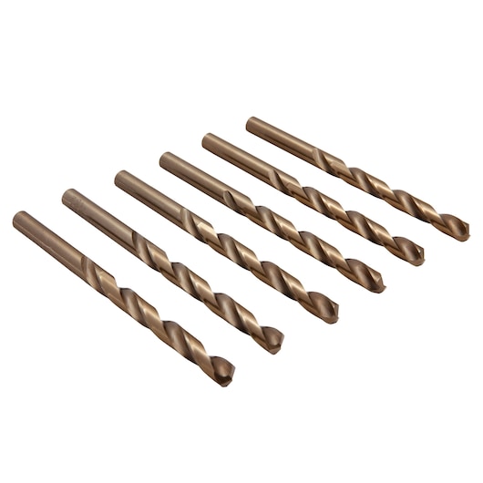 IRWIN 63118 drill bit set, six gold-tone twist drill bits, side angle, on white background.