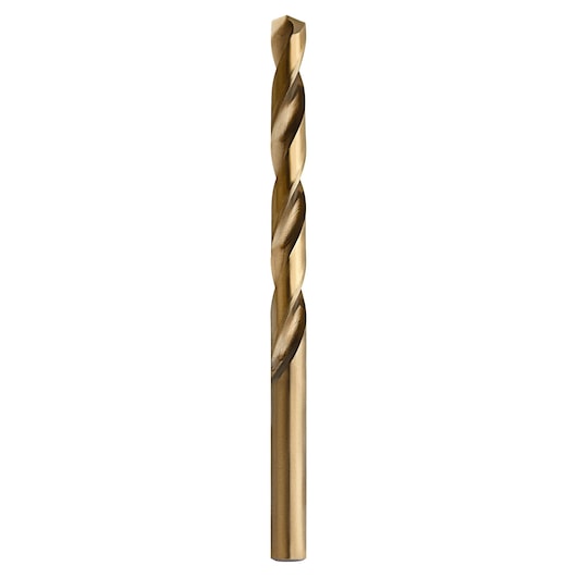 Photo of IRWIN 63119 gold twist drill bit, straight-on angle, single piece with spiral flutes.