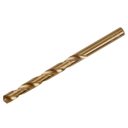IRWIN 63120 gold twist drill bit, photographed at angle on white background.