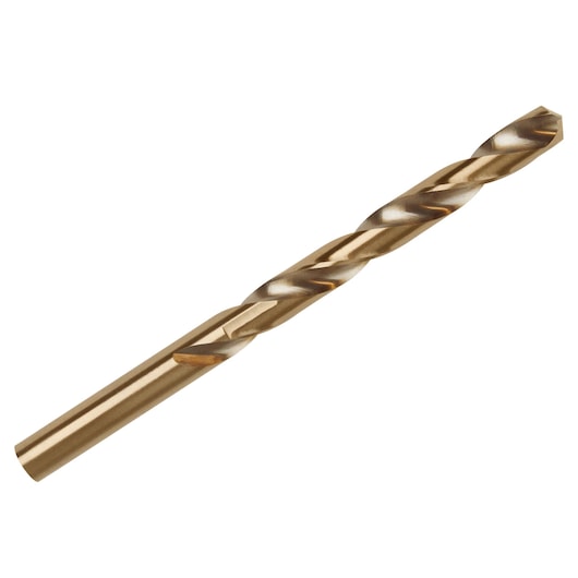 IRWIN 63121 gold twist drill bit, side angle, single piece on white background.