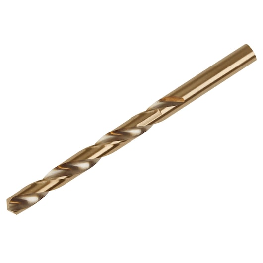 IRWIN 63121 gold metallic twist drill bit, side angle on white background.