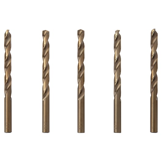 IRWIN 63122 drill bit set, five gold-colored metal twist bits, front angle, white background