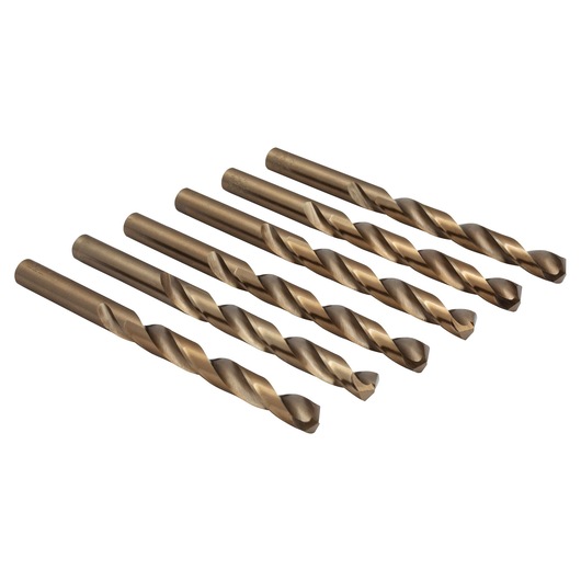 IRWIN 63122 set of six titanium-coated drill bits, side angle, gold finish, photography on white background.