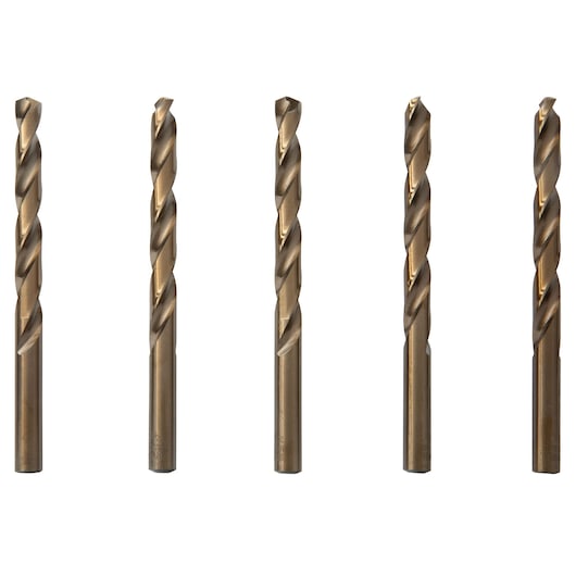 IRWIN 63123 set of five gold metal drill bits, straight shank, photographed upright on white background.