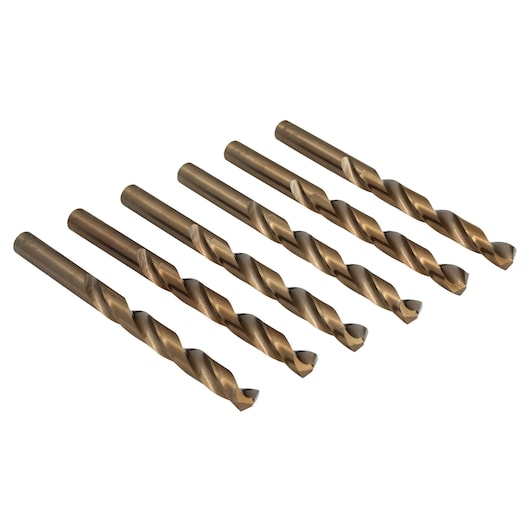 IRWIN 63123 drill bit set, six gold-colored twist drill bits, side angle on white background.