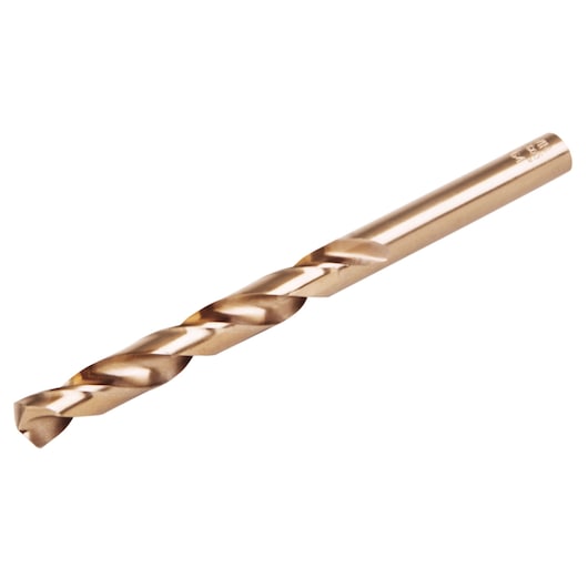 Photo of IRWIN 63125 gold-tone metal drill bit, spiral fluted, side angle, on white background.