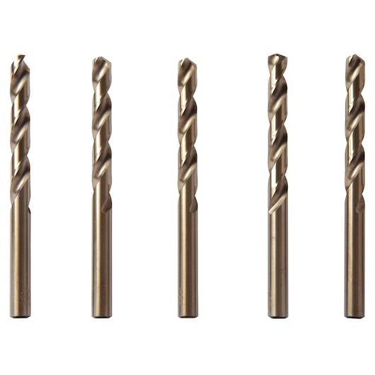 IRWIN 63126 set of five metal twist drill bits, side-by-side, gold finish, front view on white background.