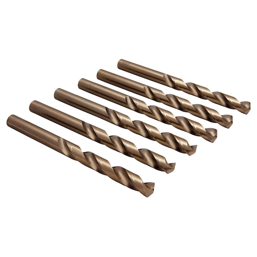 IRWIN 63126 six-piece gold metal drill bit set, side view, on white background.