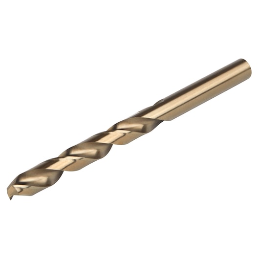 Photo of IRWIN 63128 gold metal twist drill bit, side angle, with spiral flutes, isolated on white background.