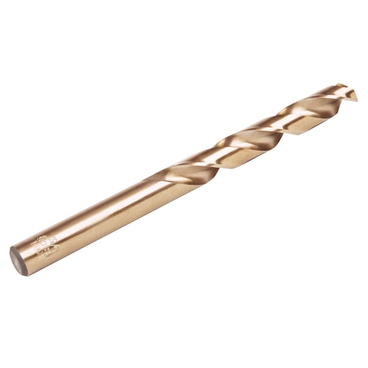 IRWIN 63130 gold twist drill bit side angle, smooth cylindrical shaft and spiral grooves.
