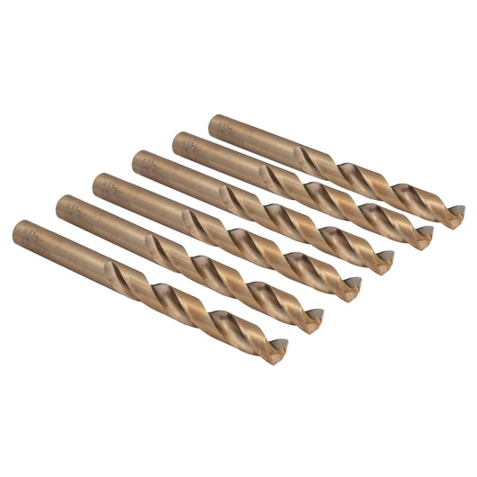 Photo of IRWIN 63131 gold-tone twist drill bit set, six pieces, angled on white background.