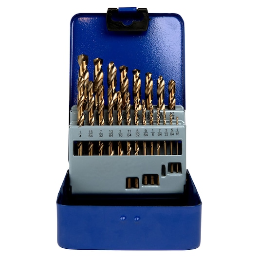 IRWIN 63221 drill bit set in blue metal case, assorted sizes organized upright, photographed from front on white background.