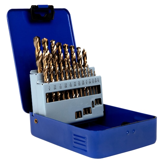 IRWIN 63221 drill bit set with multiple sizes, gold and black bits in open blue metal case, front angle.