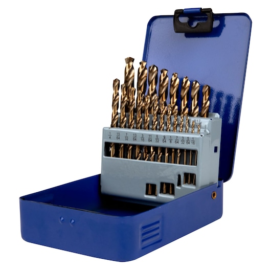 IRWIN 63221 drill bit set with assorted bits in a blue metal case, product photography, front angle.