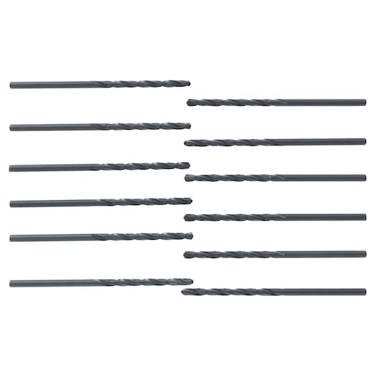 IRWIN 63506 set of ten black twist drill bits, straight shank, side view on white background.