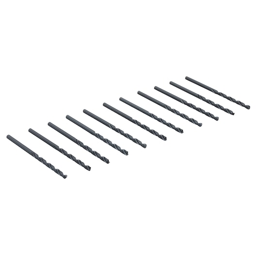 IRWIN 63506 drill bit set, photography of ten black twist drill bits arranged diagonally on white background.