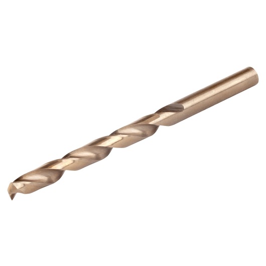 IRWIN 63507 metal twist drill bit, gold finish, side angle on white background.