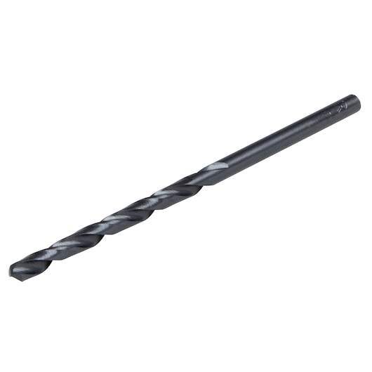 IRWIN 63508 black twist drill bit, side angle, photography of single metal drill accessory.
