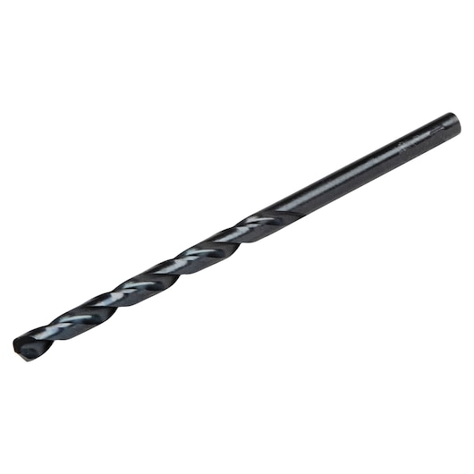 IRWIN 63509 black twist drill bit side view, metal construction, spiral flute design on white background.