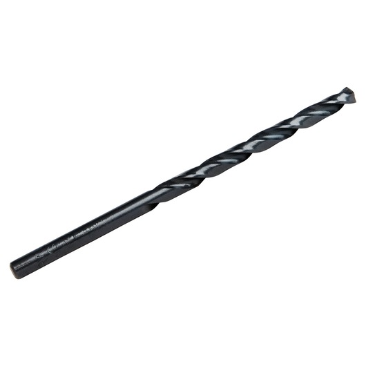 IRWIN 63510 black twist drill bit, side angle on white background, metal drilling accessory.