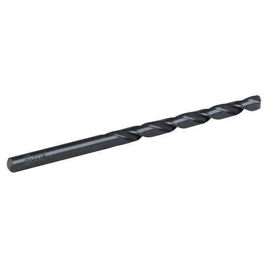 Photo of IRWIN 63512 black metal drill bit, side angle on white background.