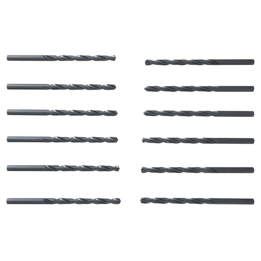 IRWIN 63513 set of ten black twist drill bits, photography, flat lay angle on white background.