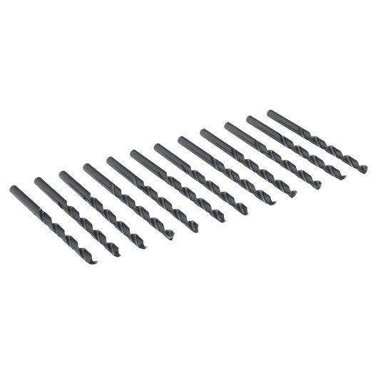IRWIN 63513 drill bit set, 13 black metal twist drill bits on white background, angled view.