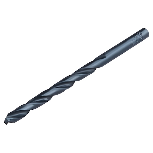 IRWIN 63516 black twist drill bit, side angle photography, metal construction, drill accessory.