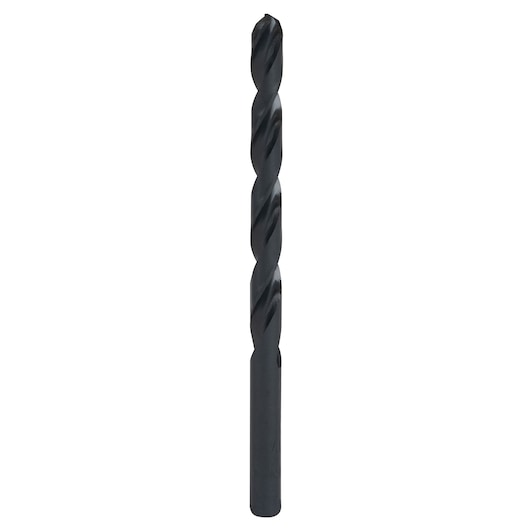 Photo of IRWIN twist drill bit, black finish, straight shank, SKU 63517, front angle on white background.