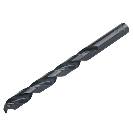 IRWIN 63524ZR black twist drill bit, side angle, metal construction, white background.