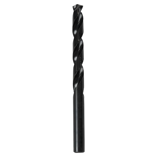 Photo of IRWIN 63527ZR black oxide drill bit, spiral flute, straight shank, front angle on white background.