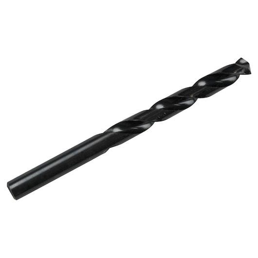 Photo of IRWIN 63527ZR black twist drill bit, single piece, side angle on white background.